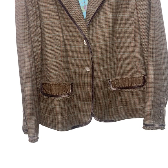 J. Jill Brown/Tweed Wool Plaid Velvet Trim Blazer Jacket Pearl buttons Sz 12 - Picture 4 of 13